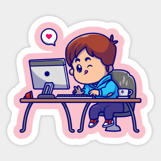 Cute Boy Working On Computer Cartoon Sticker